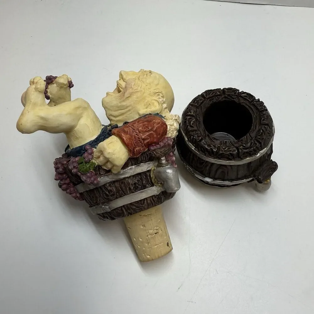 Resin Laughing Angel Man Sitting In Wine Barrel Cork Bottle Stopper And Holder